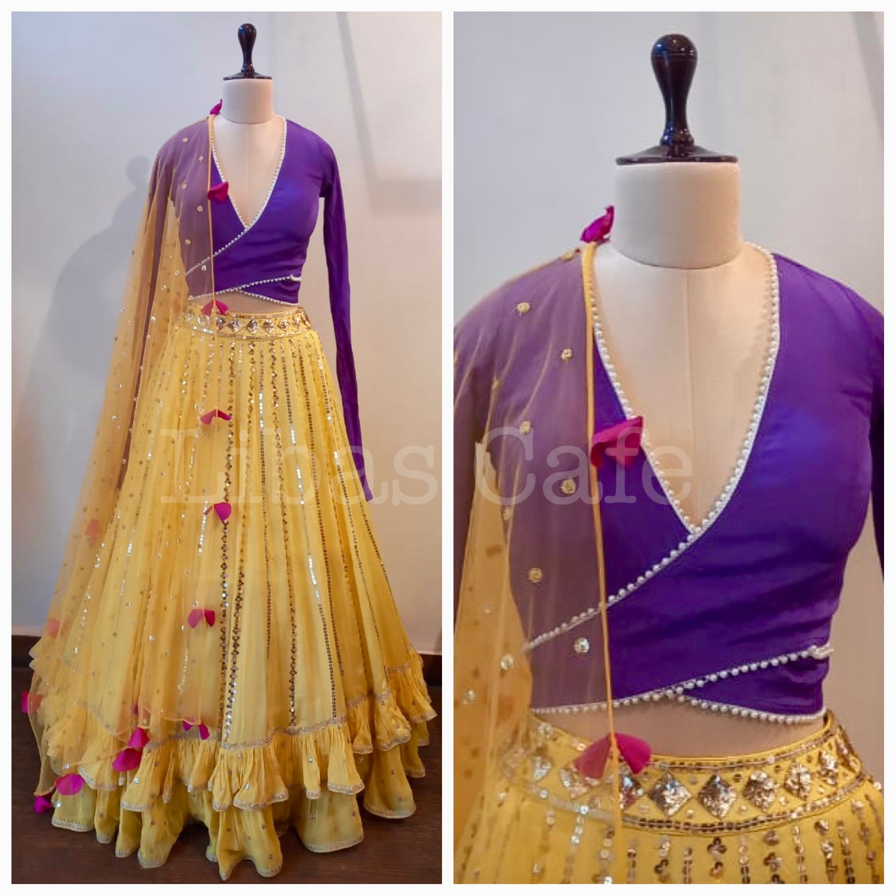 Purple Top & Yellow Emrboidered Lehenga